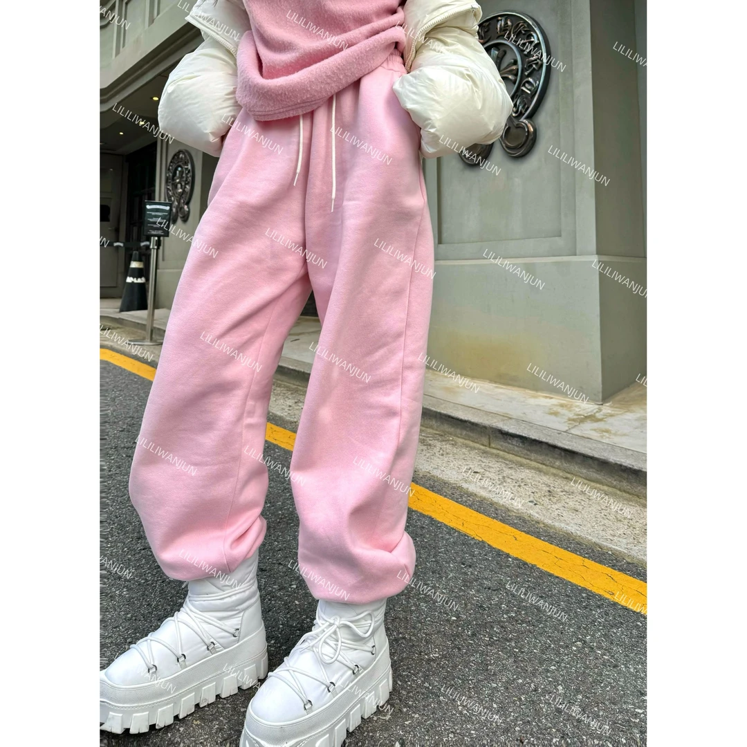 【婉君】韩国东大门时尚松紧腰加绒粉色减龄休闲裤LWJ24D4K2362