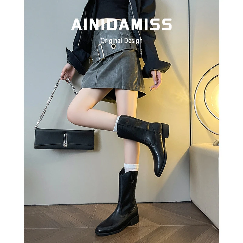 高级感~厚底增高马丁靴女春秋中筒瘦瘦靴复古英伦风粗跟黑色短靴