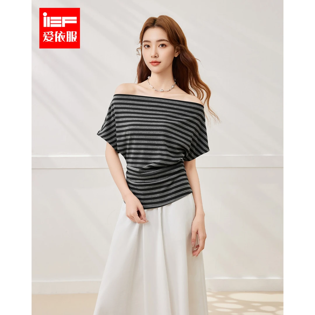 IEF/爱依服2025夏季新款韩版性感小女人气质一字肩条纹显瘦上衣