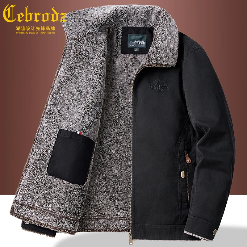 法国Cebrodz冬季男士加绒加厚棉服毛领中年商务外套保暖翻领夹克