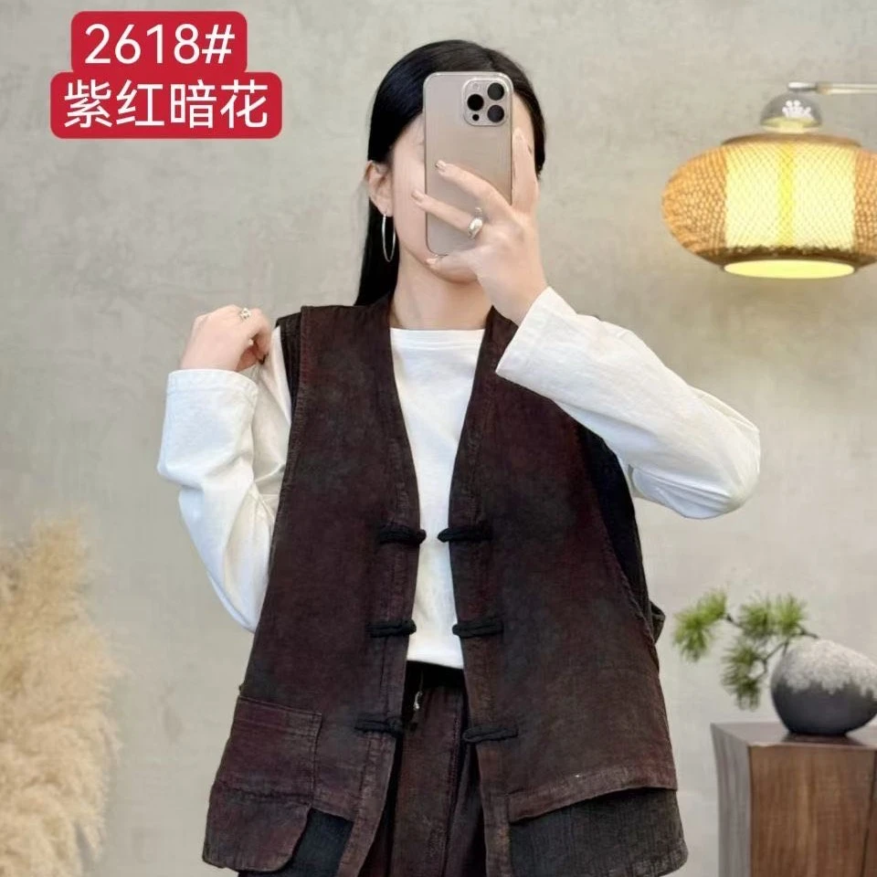 2618麻棉印花假两件盘扣马甲