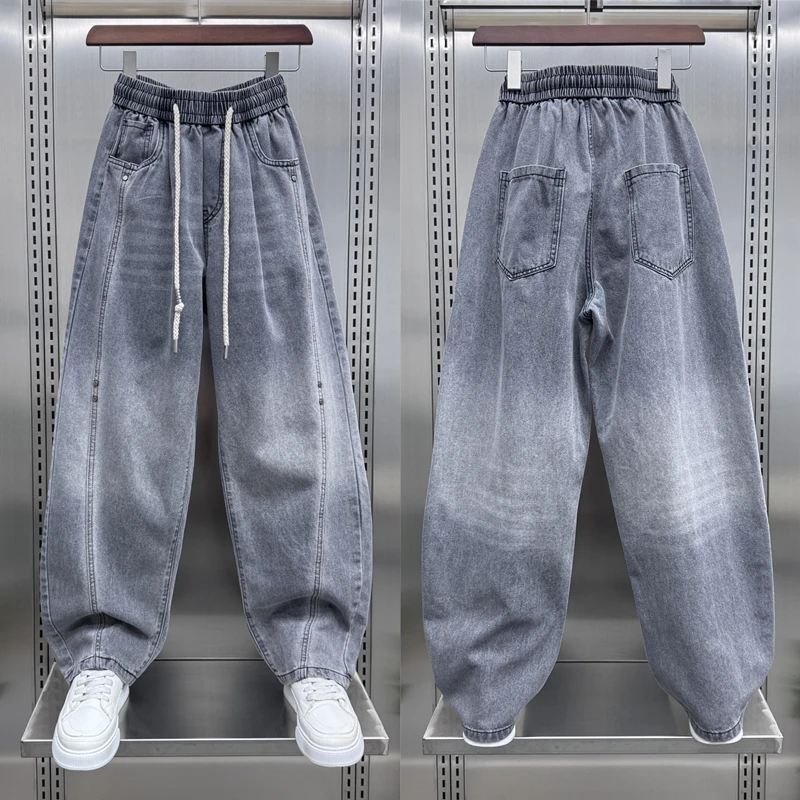 2025春季新款美式重磅拼接弯刀牛仔裤男士宽松潮牌直筒阔腿老爹裤