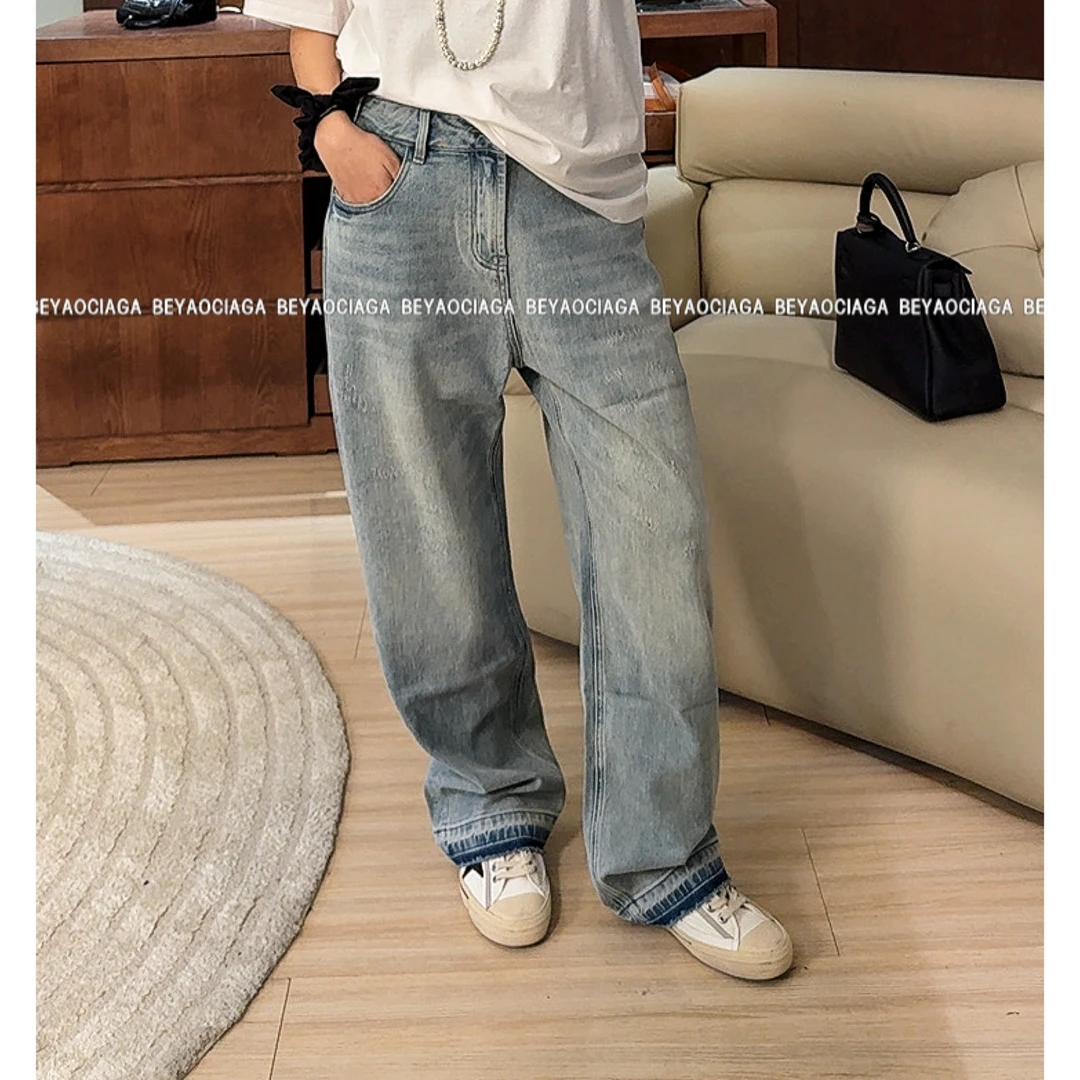 BEYO&CIGA水磨边蓝色简约百搭男友裤