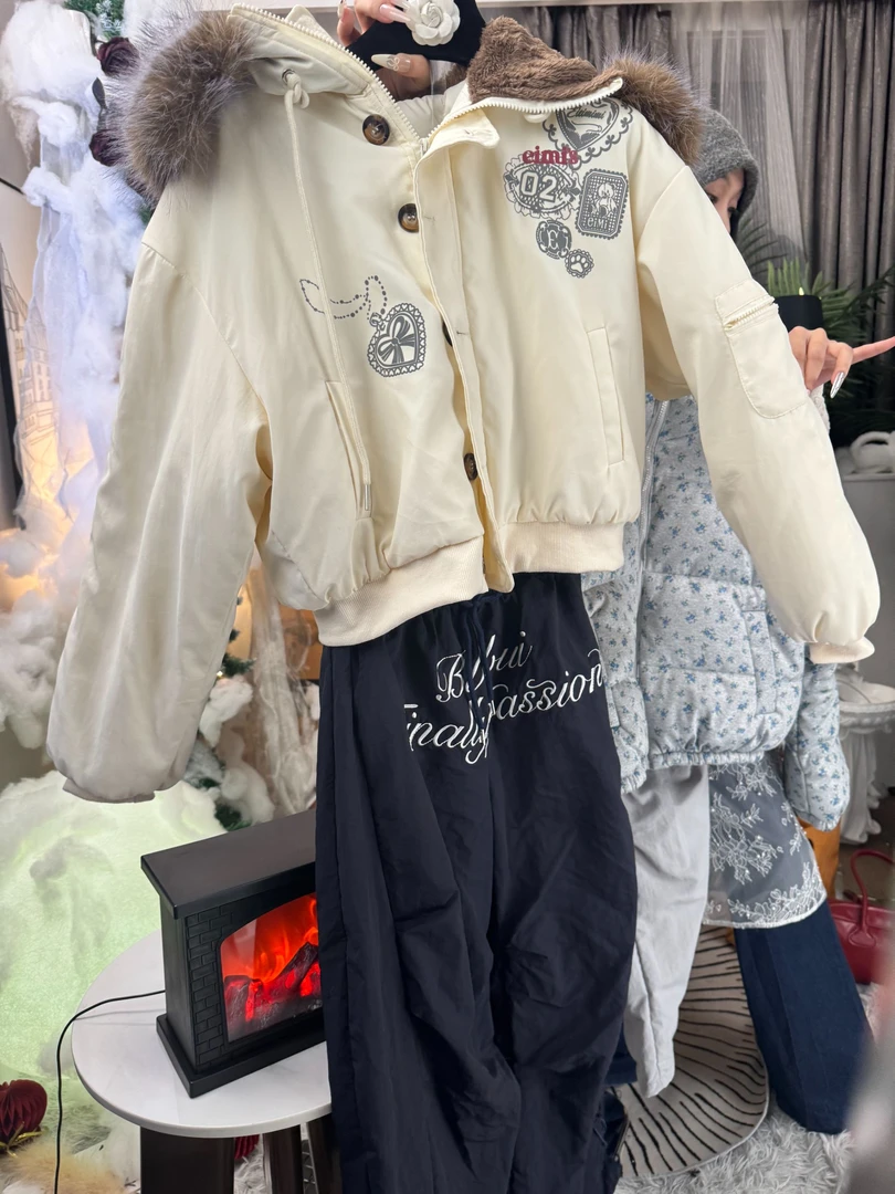 美式毛领连帽棉服外套设计感百搭休闲棉衣套装01802