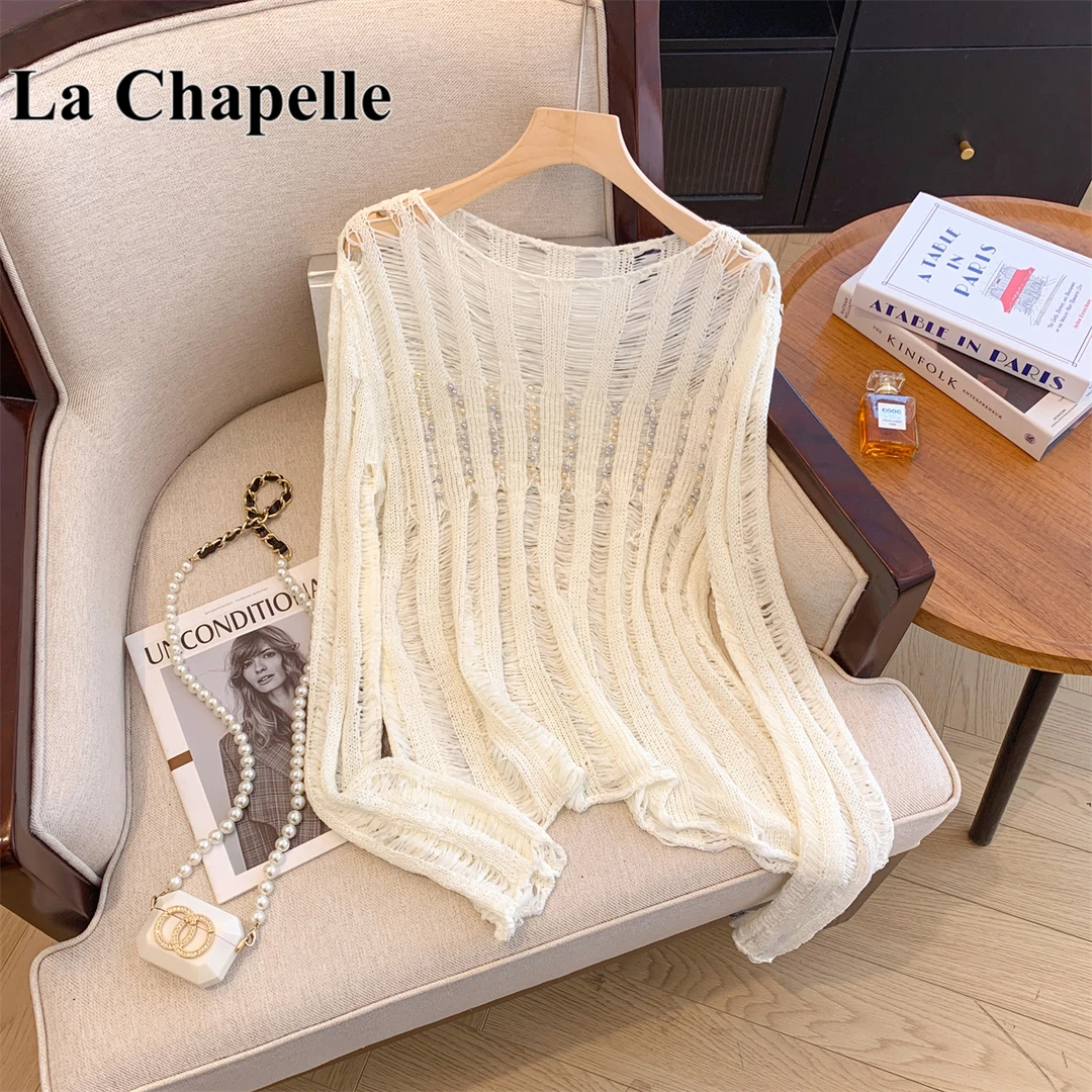 拉夏贝尔慵懒度假风早秋新款时尚串珠镂空长袖针织衫宽松显瘦上衣