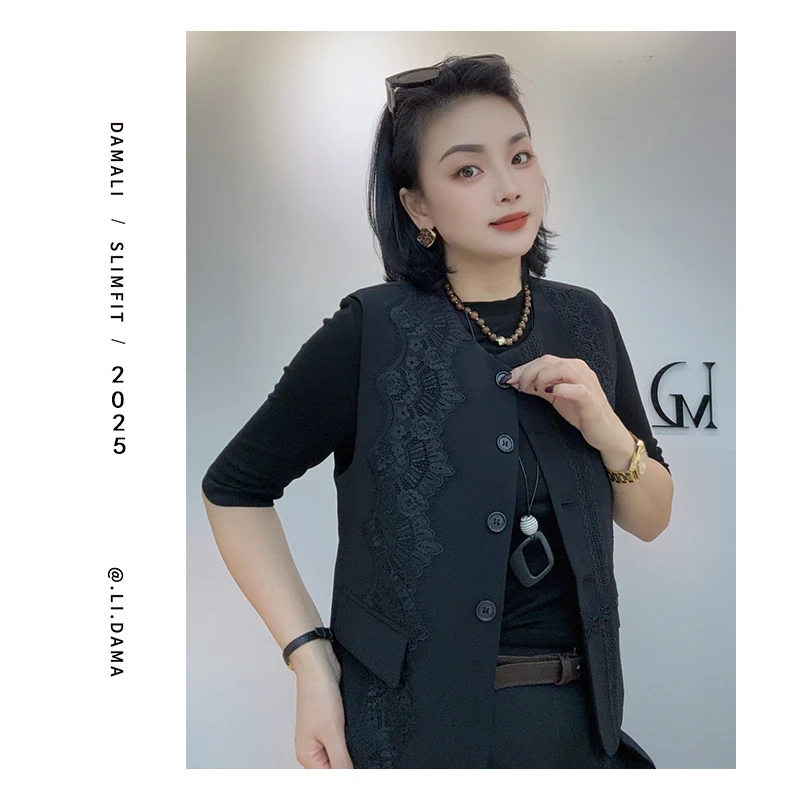 大码利-秋上新【蕾丝拼接西装马甲】小众高品质无袖马甲女百搭
