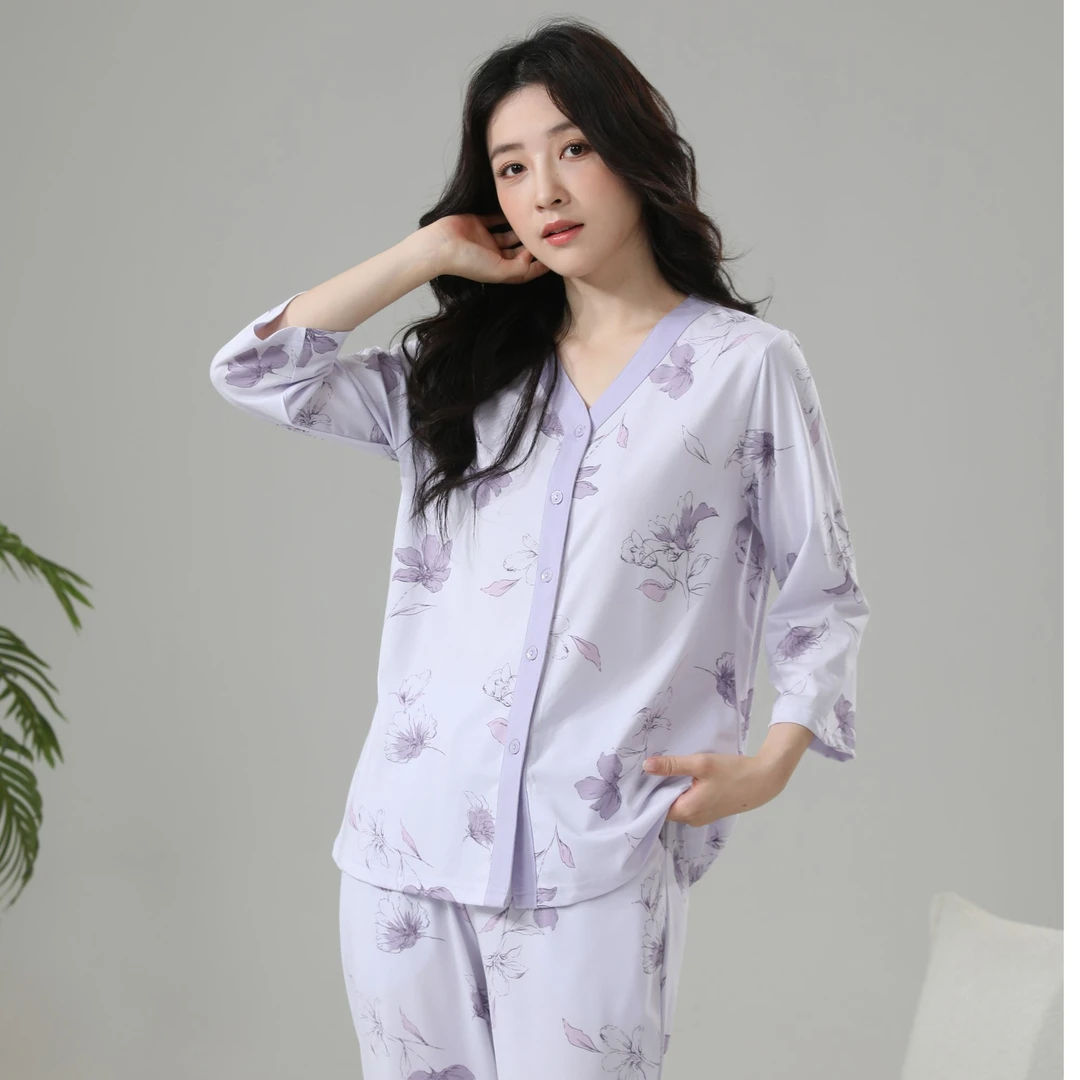 姬玛春款针织纯棉长袖长裤印花女士家居服睡衣套装253359
