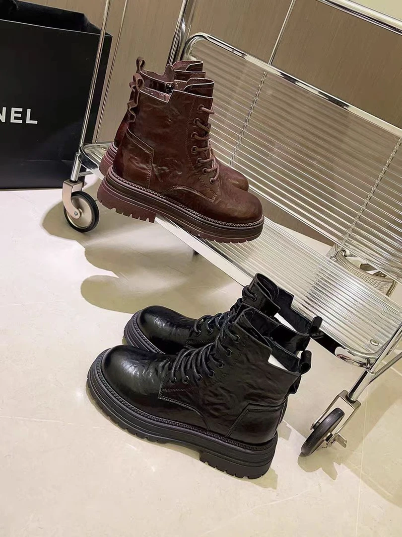 手抓纹马丁靴女英伦风厚底复古百搭真皮黑色短靴6605