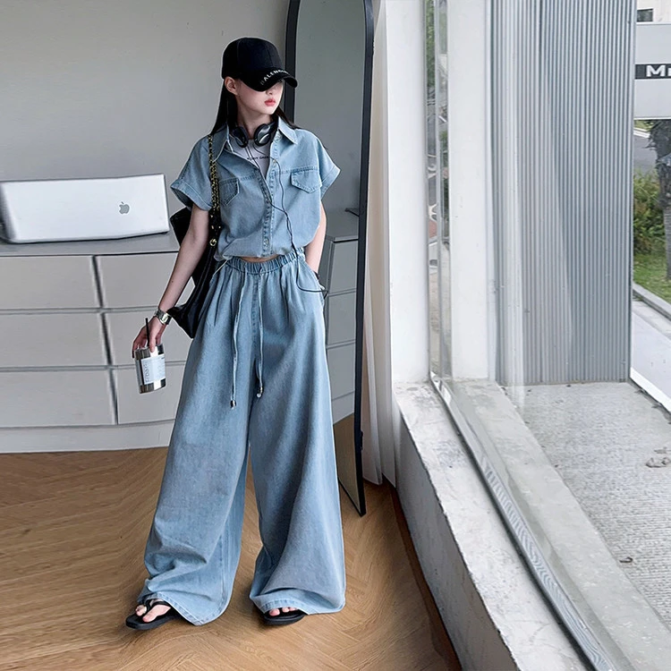 女童夏裤子套装短袖衬衫阔腿裤薄牛仔两件套中大童2025新款直筒裤