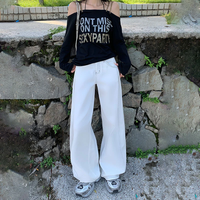 白色高腰直筒牛仔裤女春秋新款小个子宽松显瘦窄版阔腿拖地裤百搭