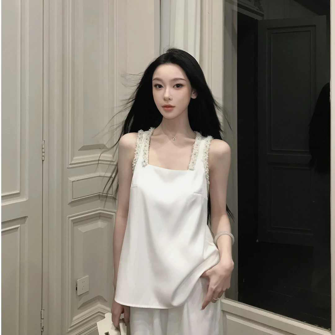 【风起时-吊带】夏季法式简约蕾丝珠片拼接方领吊带宽松上衣背心