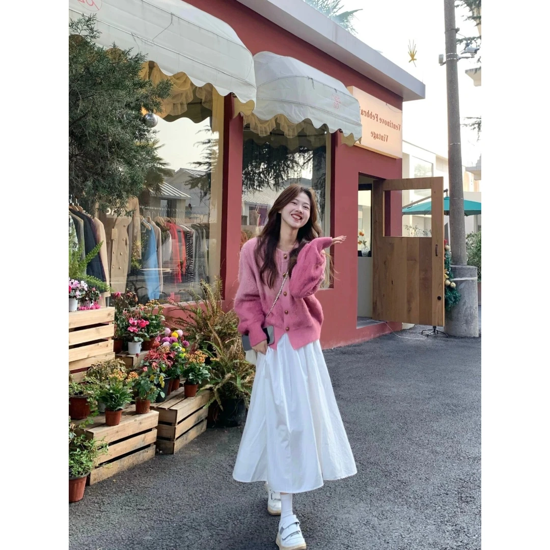 短款毛衣开衫女渐变粉色小香风混纺设计高级感时髦上衣半身裙套装