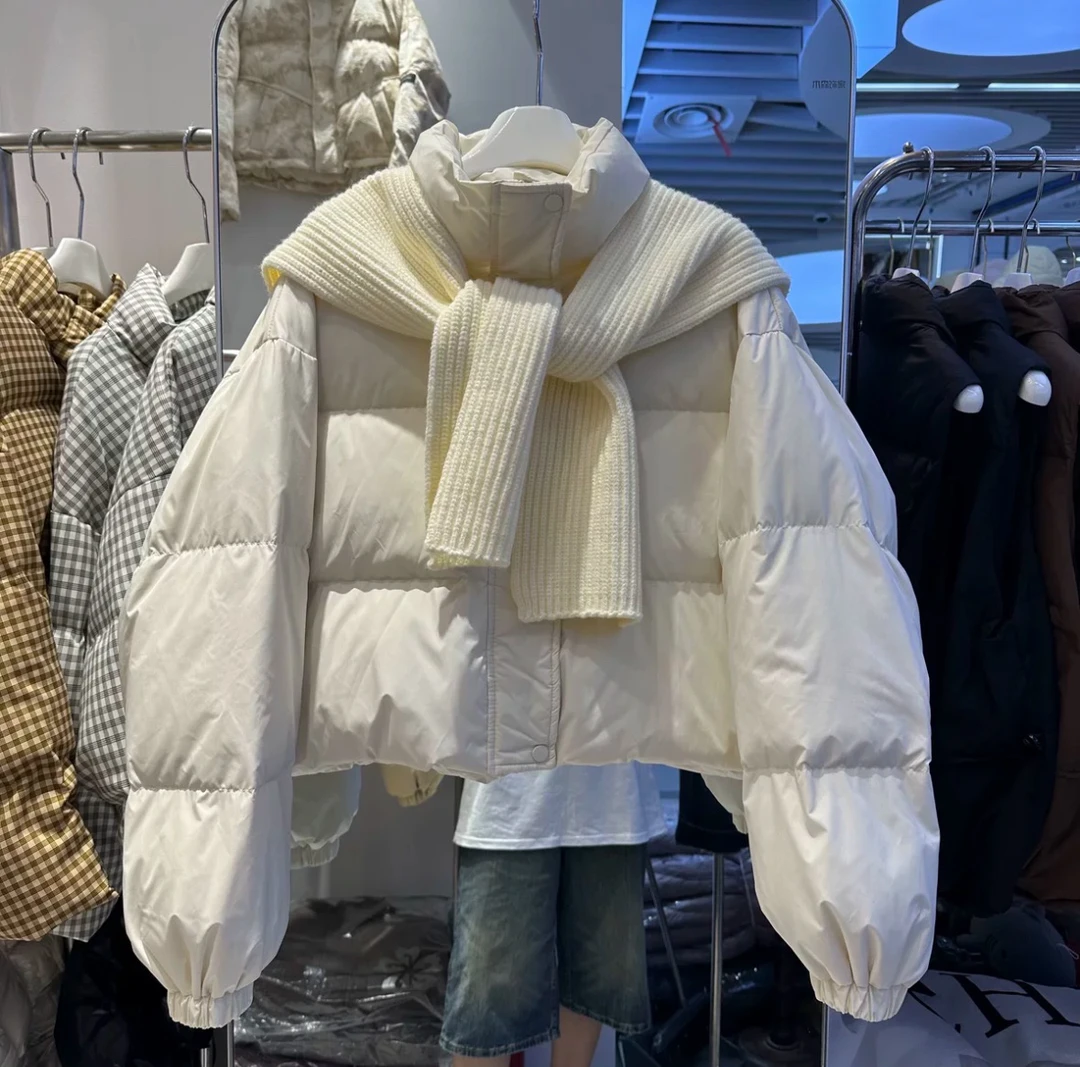 加厚立领针织围巾披肩棉服女短款面包服小个子冬季外套