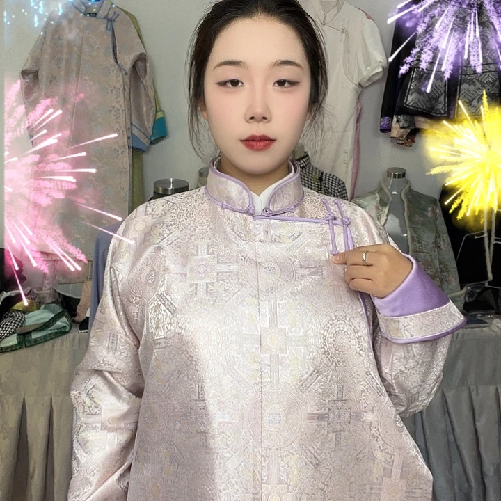 挂脖款长款袍子紫色上翻马蹄袖款