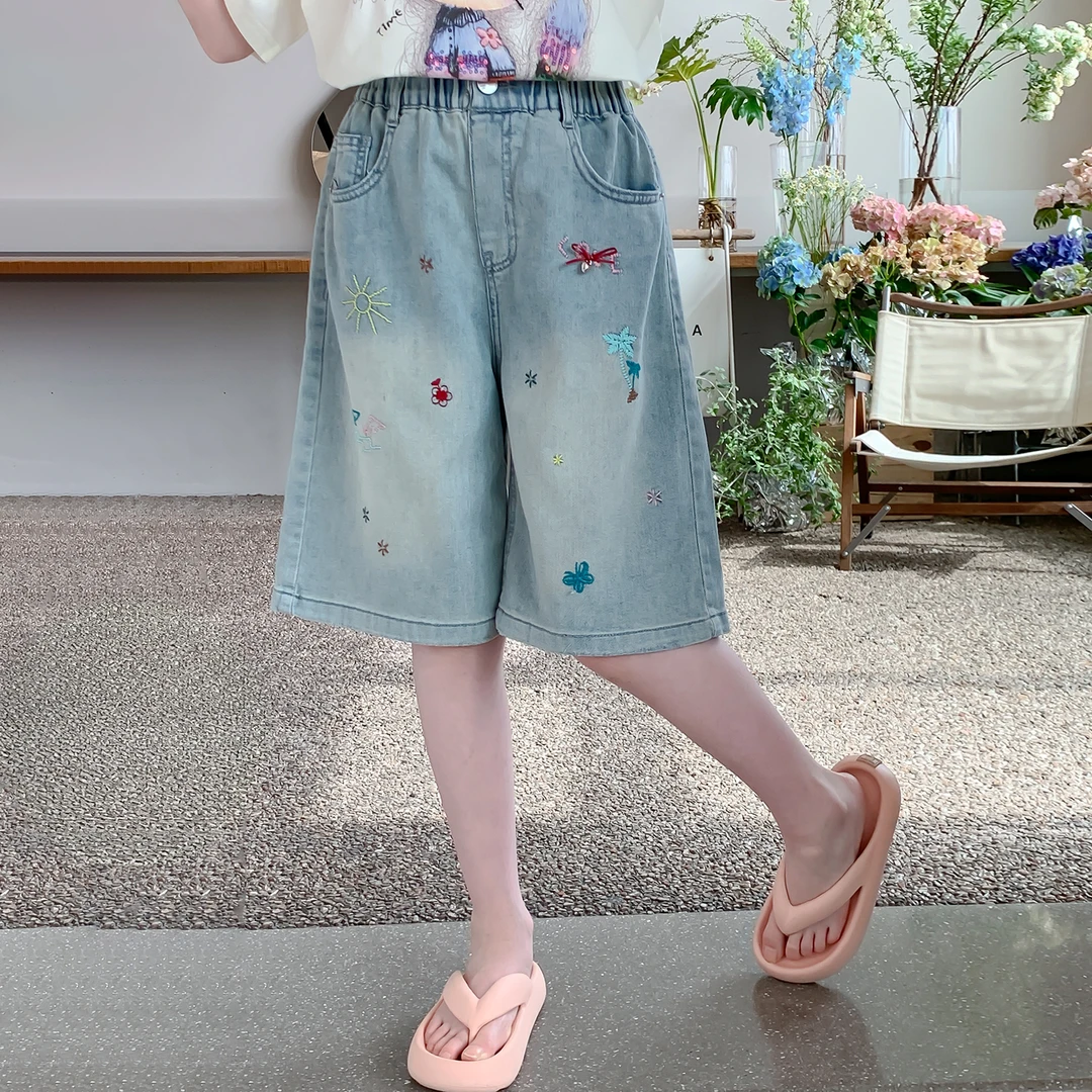 女童2025夏季新款休闲薄款阔腿五分牛仔中裤洋气百搭时尚Q13458