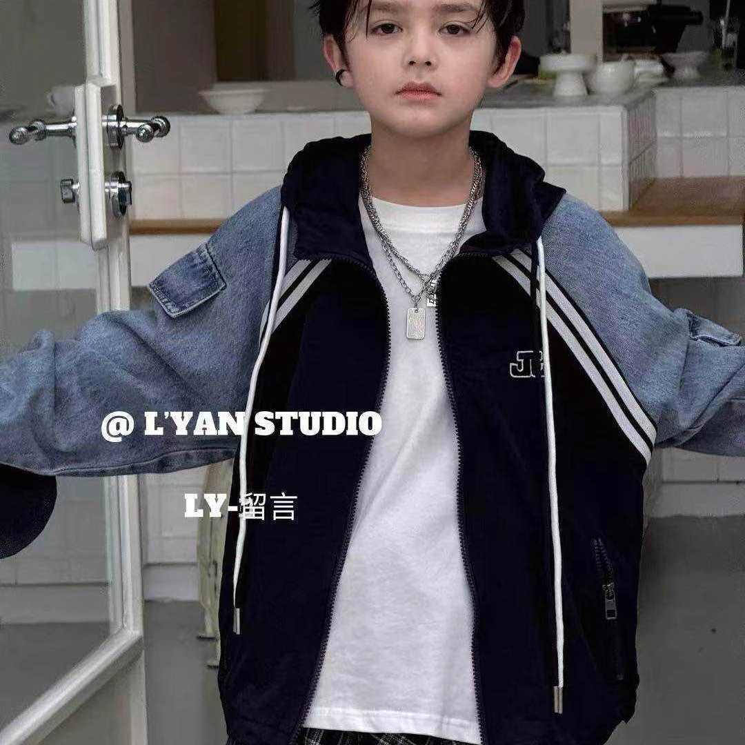 SY潮童 91038牛仔袖拼接外套