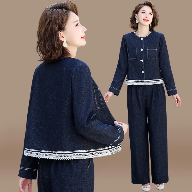 妈妈秋装洋气牛仔外套2025新款中老年女装品牌上衣春秋小香风套装