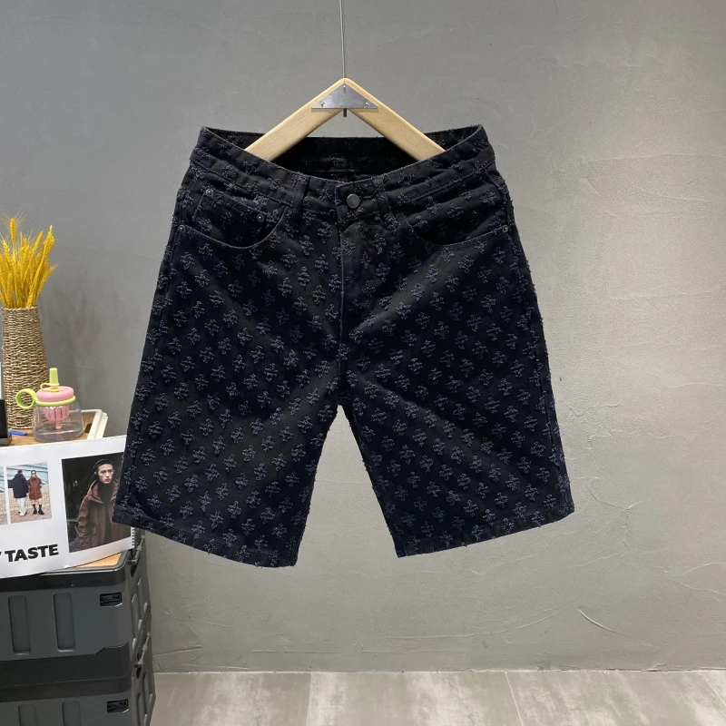 潮牌美式复古水洗提花牛仔短裤男25夏季黑色宽松直筒阔腿五分裤子