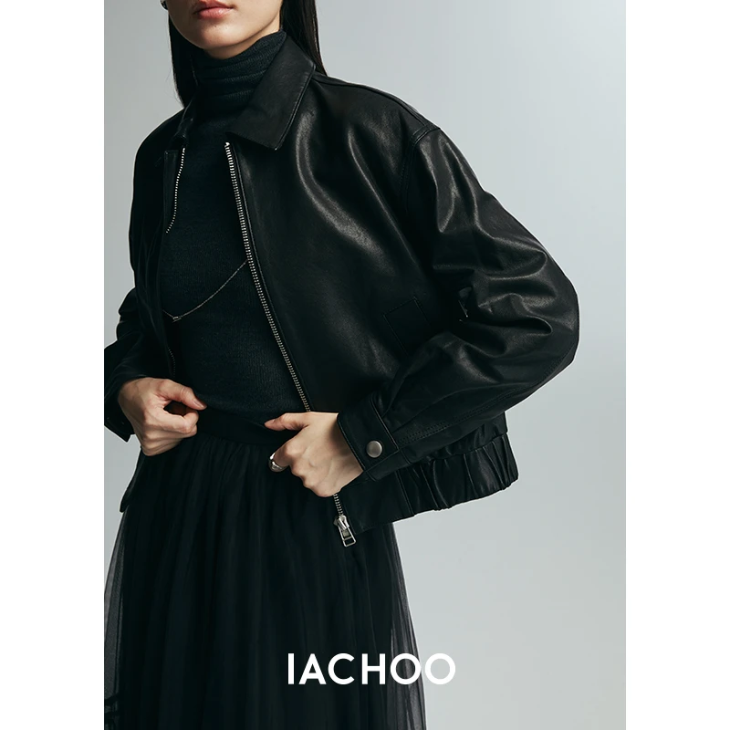 IACHOE黑色通勤拉链款百分百羊皮休闲短外套3461527002