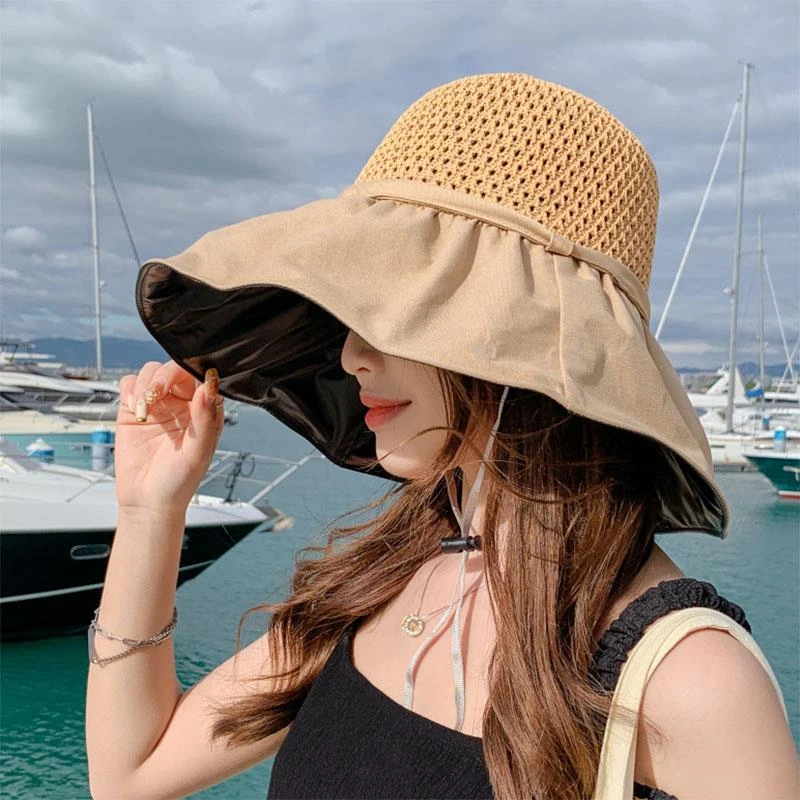焦下特价黑胶沙滩帽遮阳帽女夏季镂空草帽紫外线大檐遮脸防晒太阳