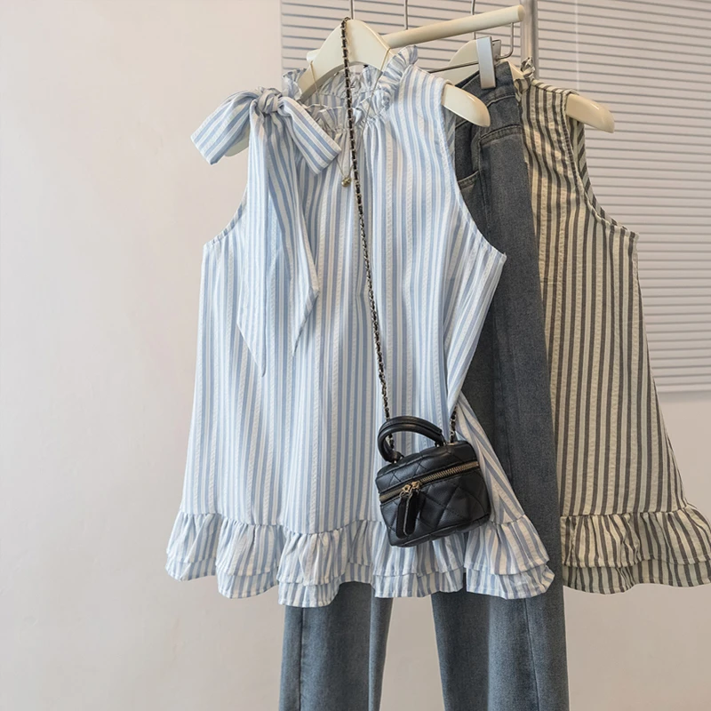 大码女装2025夏季新款韩系时尚气质设计感蝴蝶结系带条纹背心