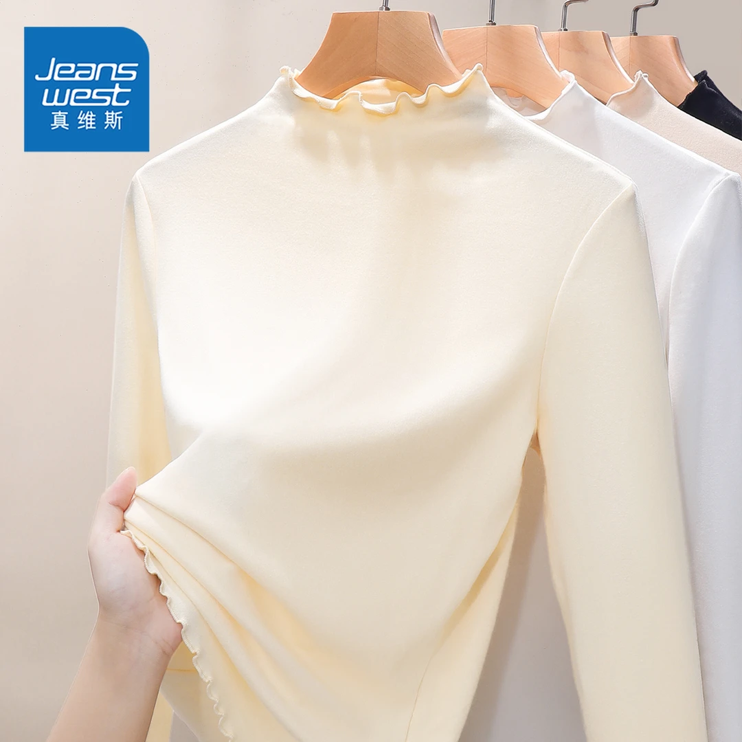 ZD真维斯木耳边薄绒打底衫女2025新款秋冬内搭小个子加厚长袖上衣