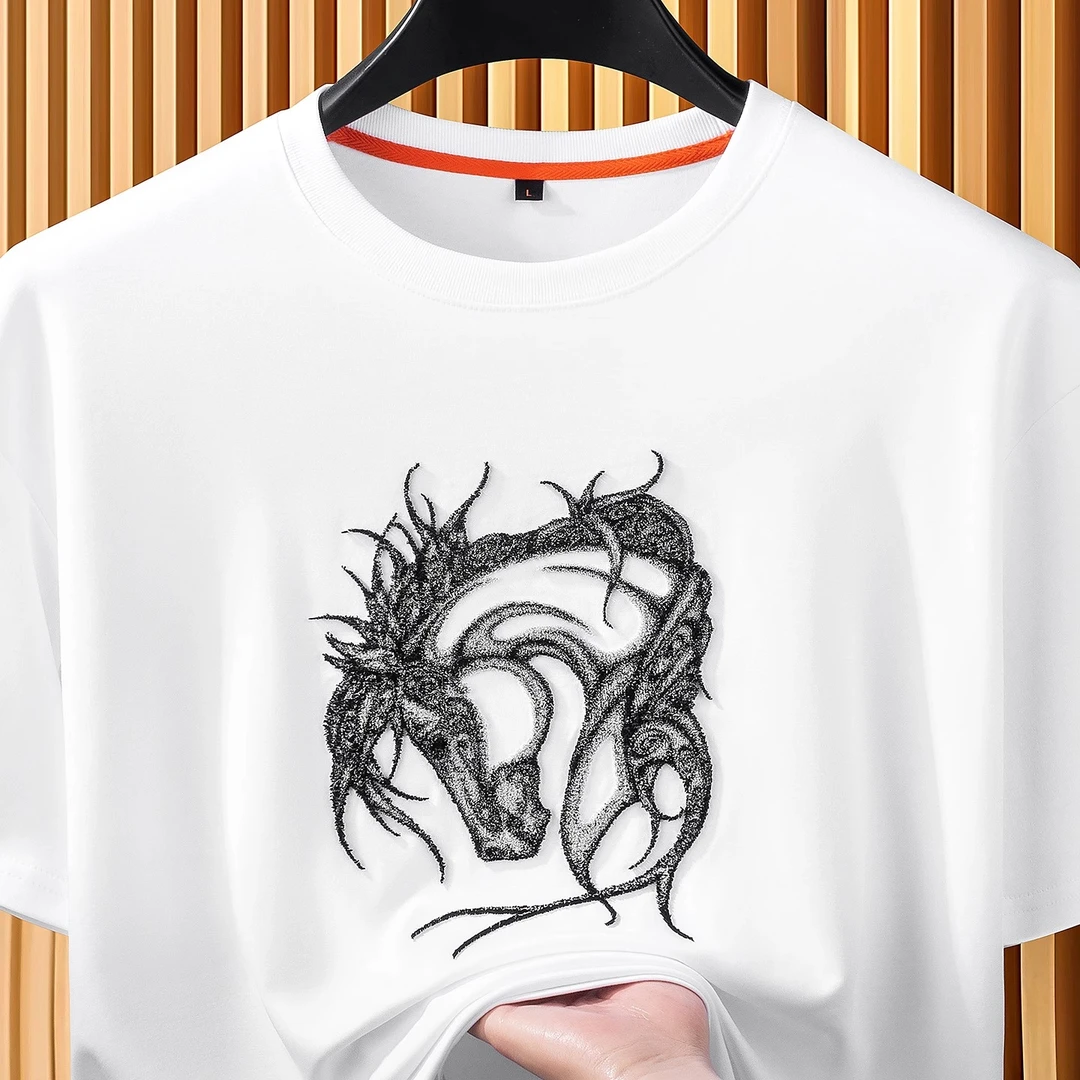 夏季轻奢时尚潮流个性牙刷绣战马丝光纯棉男士修身圆领短袖t恤衫