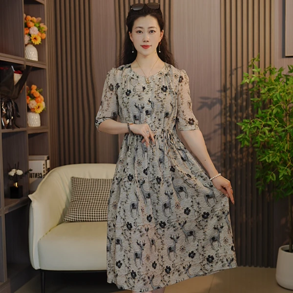 碧野鹿甄高端连衣裙夏季新款中年妈妈装法式显瘦冰凉舒适中长款