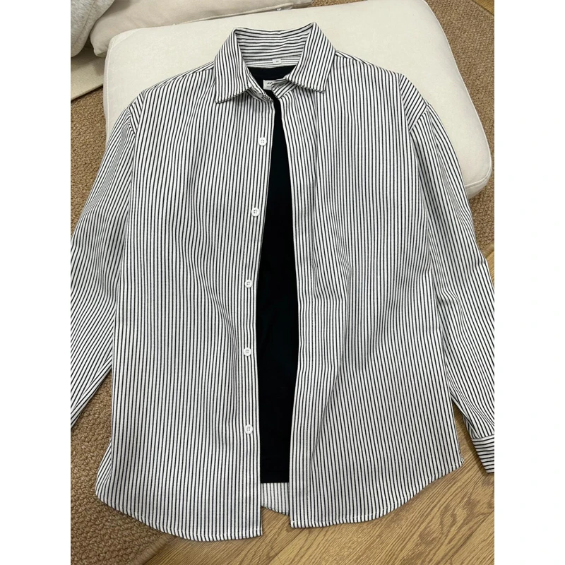 黑白竖条纹长袖衬衫男秋冬季高级感内搭打底衬衣宽松百搭叠穿寸衫