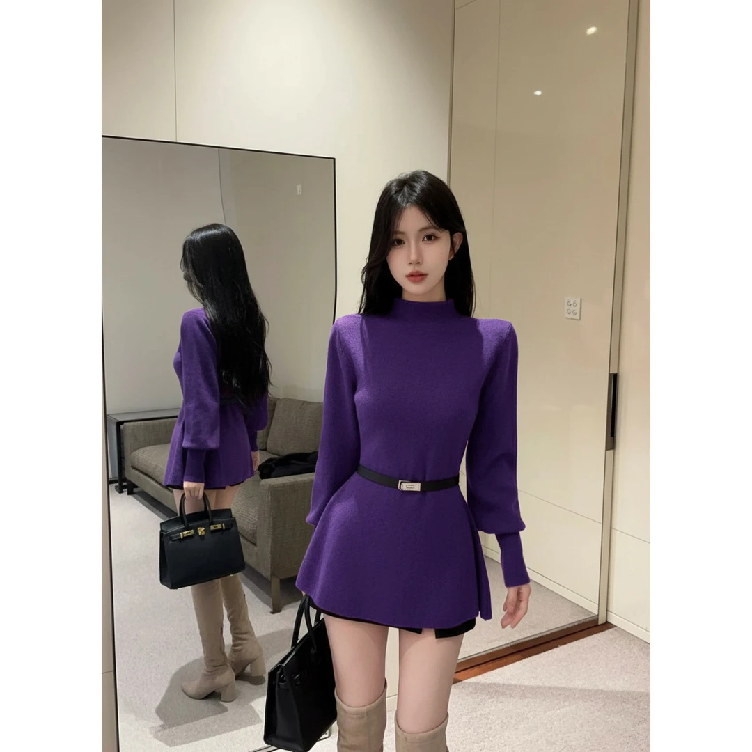 新款半高领灯笼袖设计性感收腰显瘦绝美加厚毛衣上衣气质长袖时尚