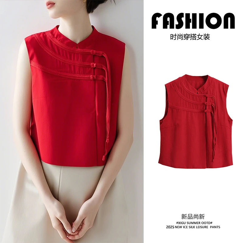 夏季多巴胺超好看上衣高级感洋气减龄显瘦新中式国风红色无袖衬衫