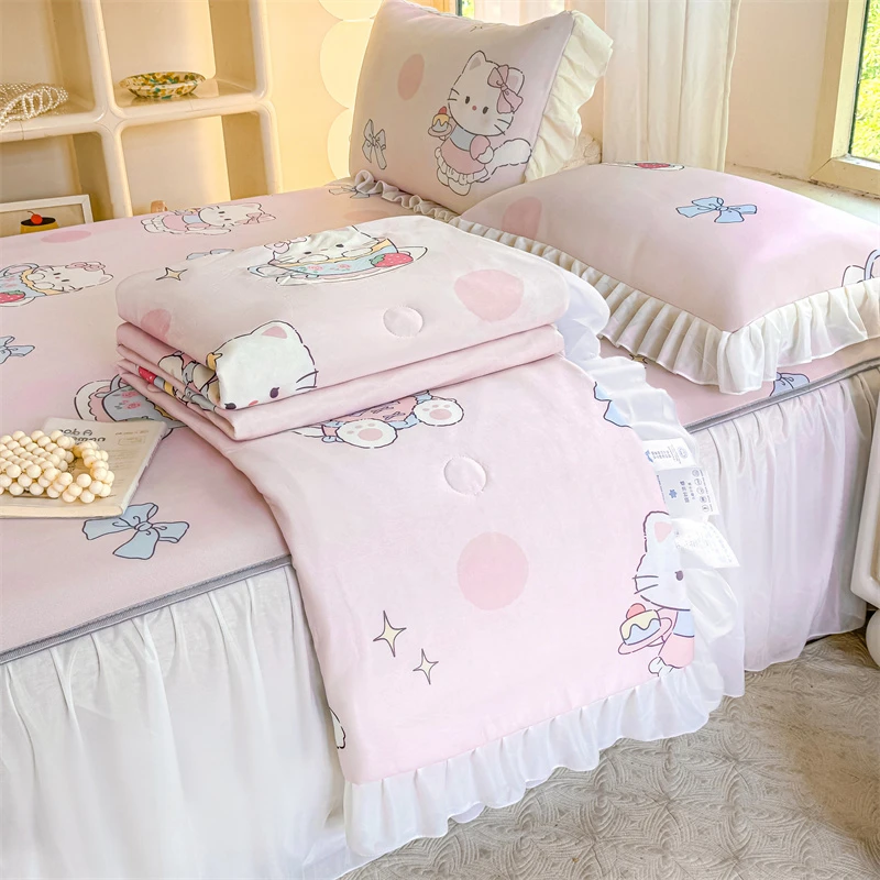 猫咪日记少女风卡通碳光复合冰丝席床裙款凉席凉感丝夏被空调被