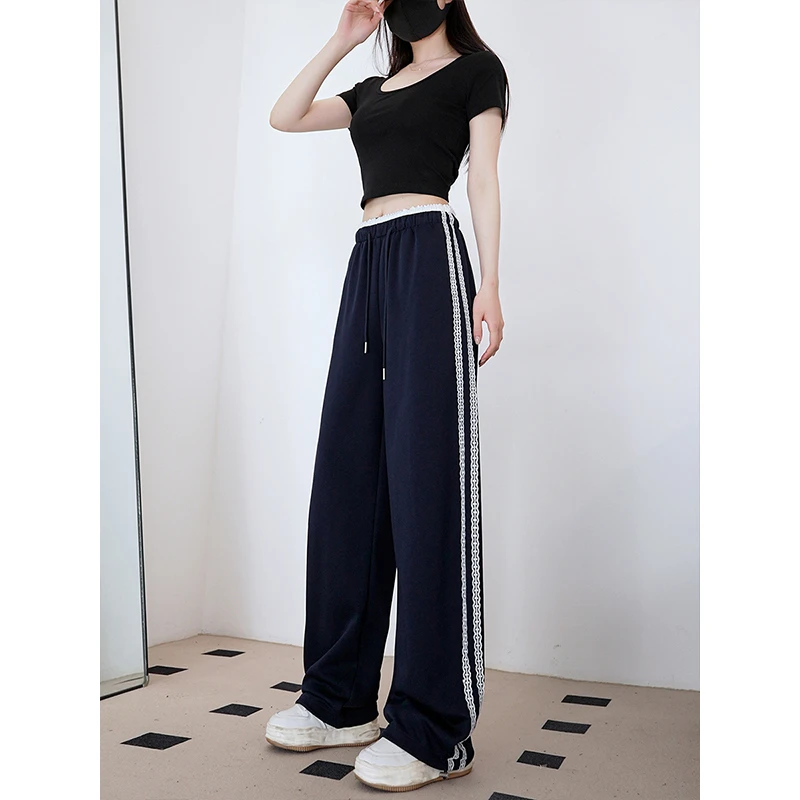 蕾丝拼接阔腿裤2025春夏新款时尚设计感宽松显瘦简约松紧腰休闲裤