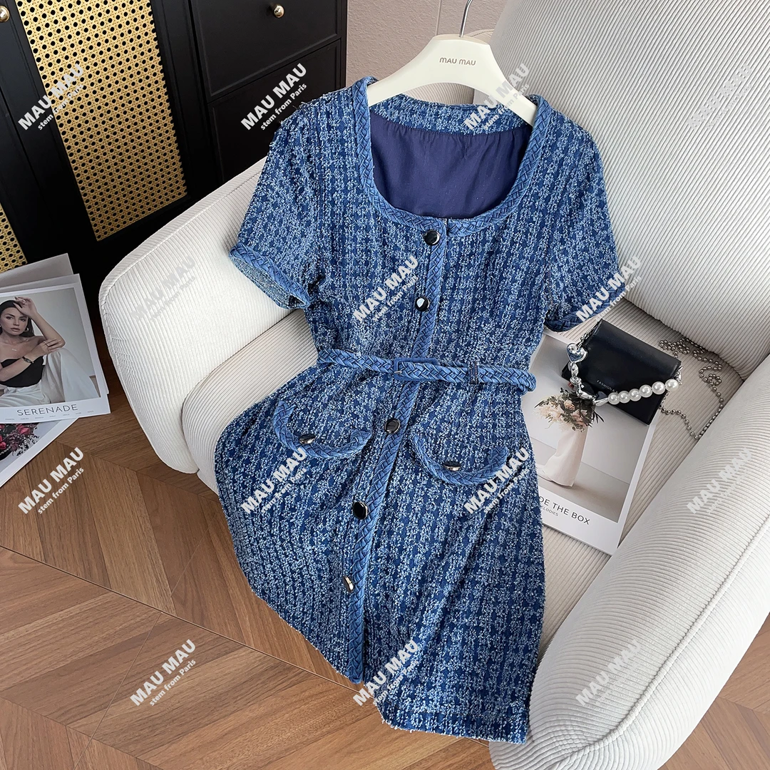 现货 法式小香风牛仔蓝粗花呢收腰方领连衣裙DY4378