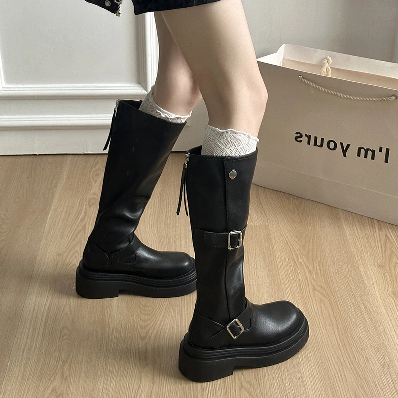 黑色美式复古粗跟厚底长筒靴女2025新款春秋百搭增高显瘦骑士靴子