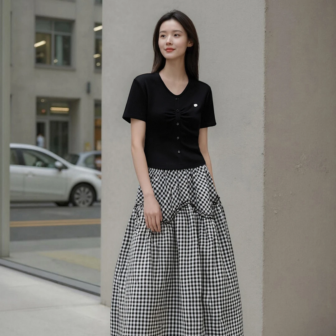 【D】夏季套装女洋气休闲装圆领短袖T恤格子半裙两件套HCZW651892