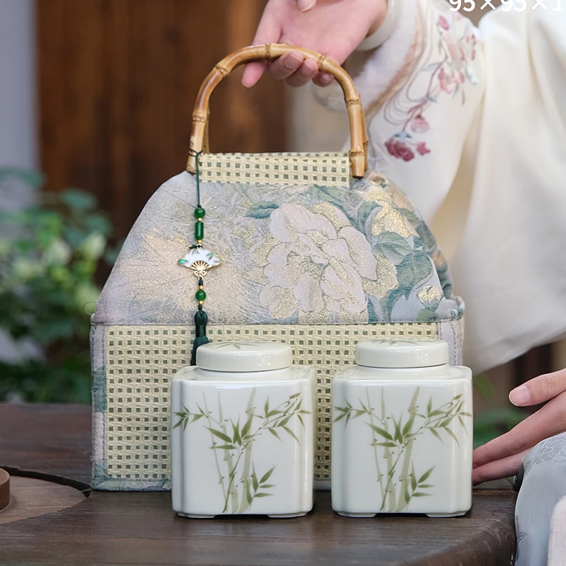 高档绿茶陶瓷罐布艺包茶叶礼盒包装盒空盒龙井茶碧螺春竹叶青定制