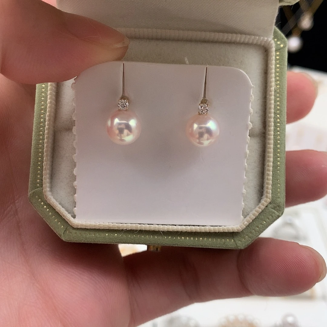 18K金镶嵌海水珍珠素钉7.5-8mm ak戴妃