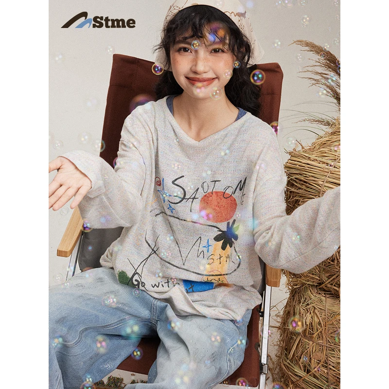 早乙女惠子 复古彩棉涂鸦印花轻薄罩衫长袖套头T恤 STMCX243158