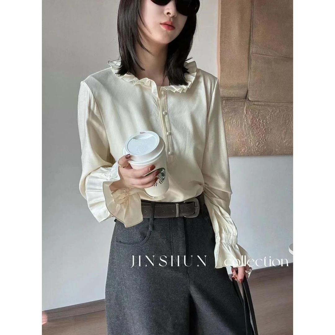 KIKI严选：68216-YS家欧洲站南油秋冬新款荷叶圆领喇叭袖衬衫