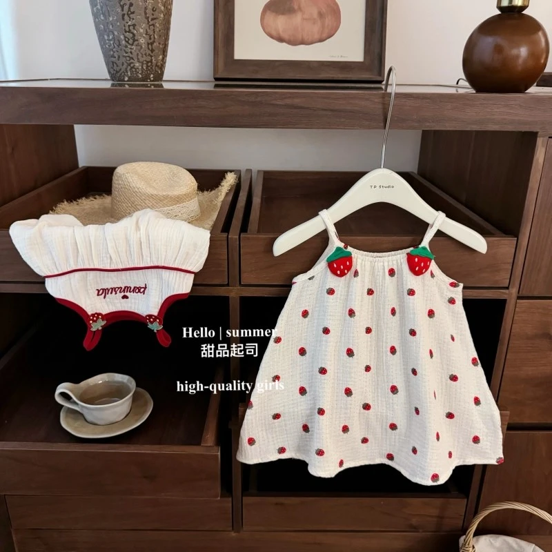 女童2025夏季新款宝宝度假风超可爱立体小草莓吊带背心裙夏装