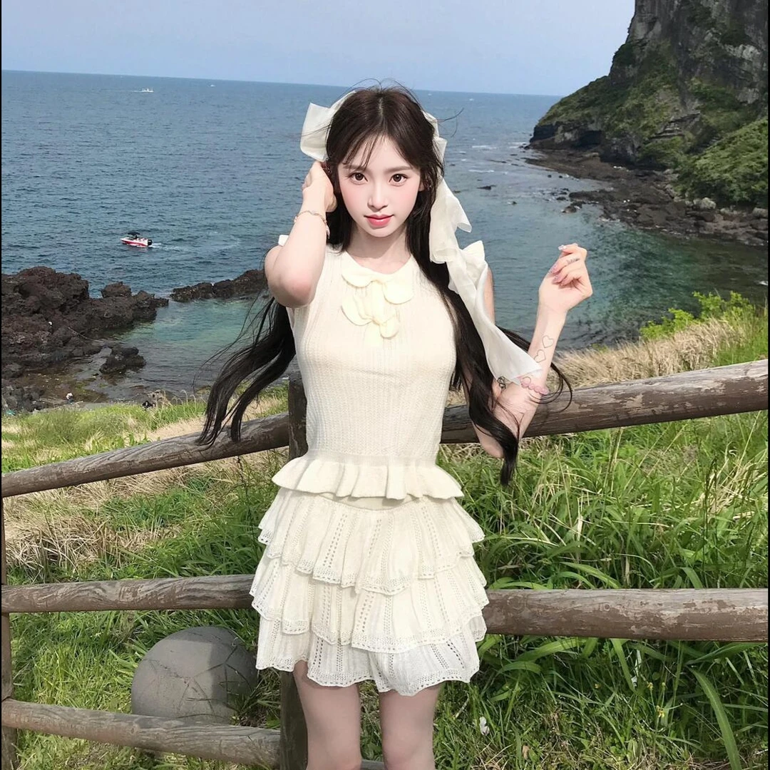 富家千金夏季新款蝴蝶结拼接针织修身上衣+蛋糕半身短裙两件套