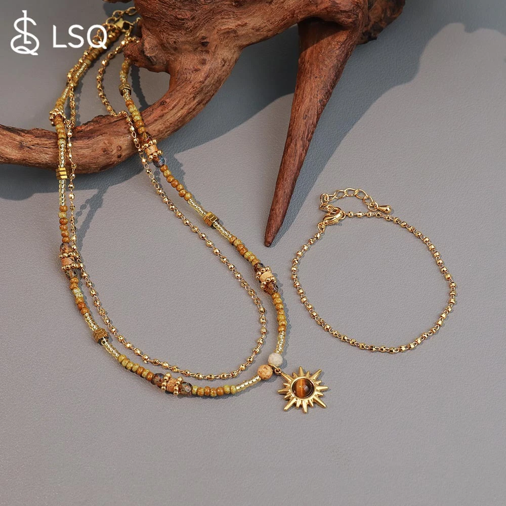 高级感穿戴甲石捷克珠串珠项链黄铜镀金保色太阳花吊坠叠戴锁骨链