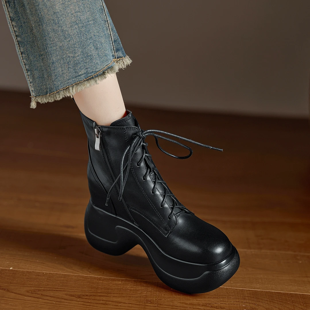 小个子手工女鞋7.5+3.5cm~防水台内增高牛皮女短靴高跟鞋圆头黑色