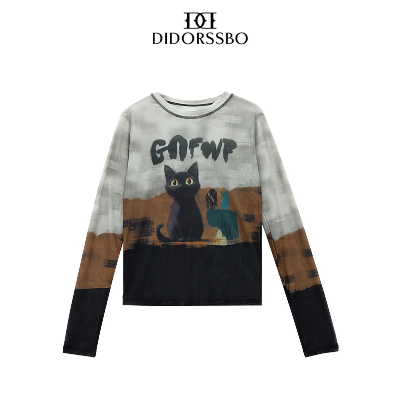 DIDORSSBO夏季女款薄款防晒潮流百搭晕染印花圆领T恤长袖T0608