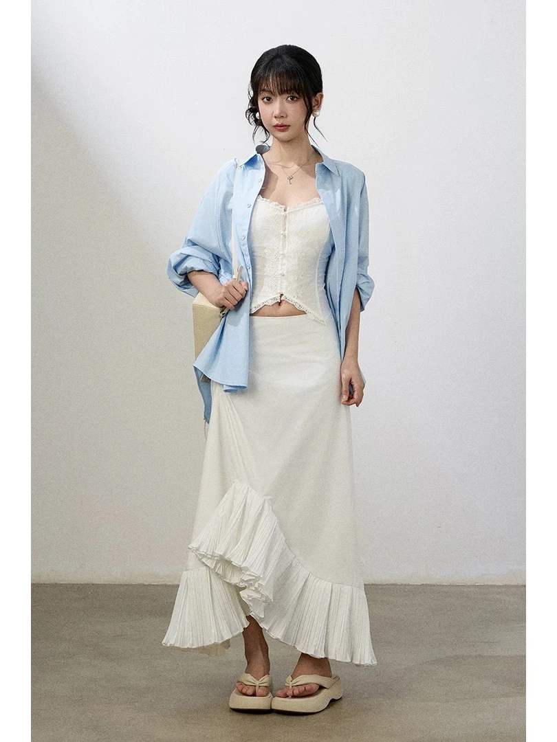 扣号链接直播间下单重工多层折皱设计优雅百搭半身裙