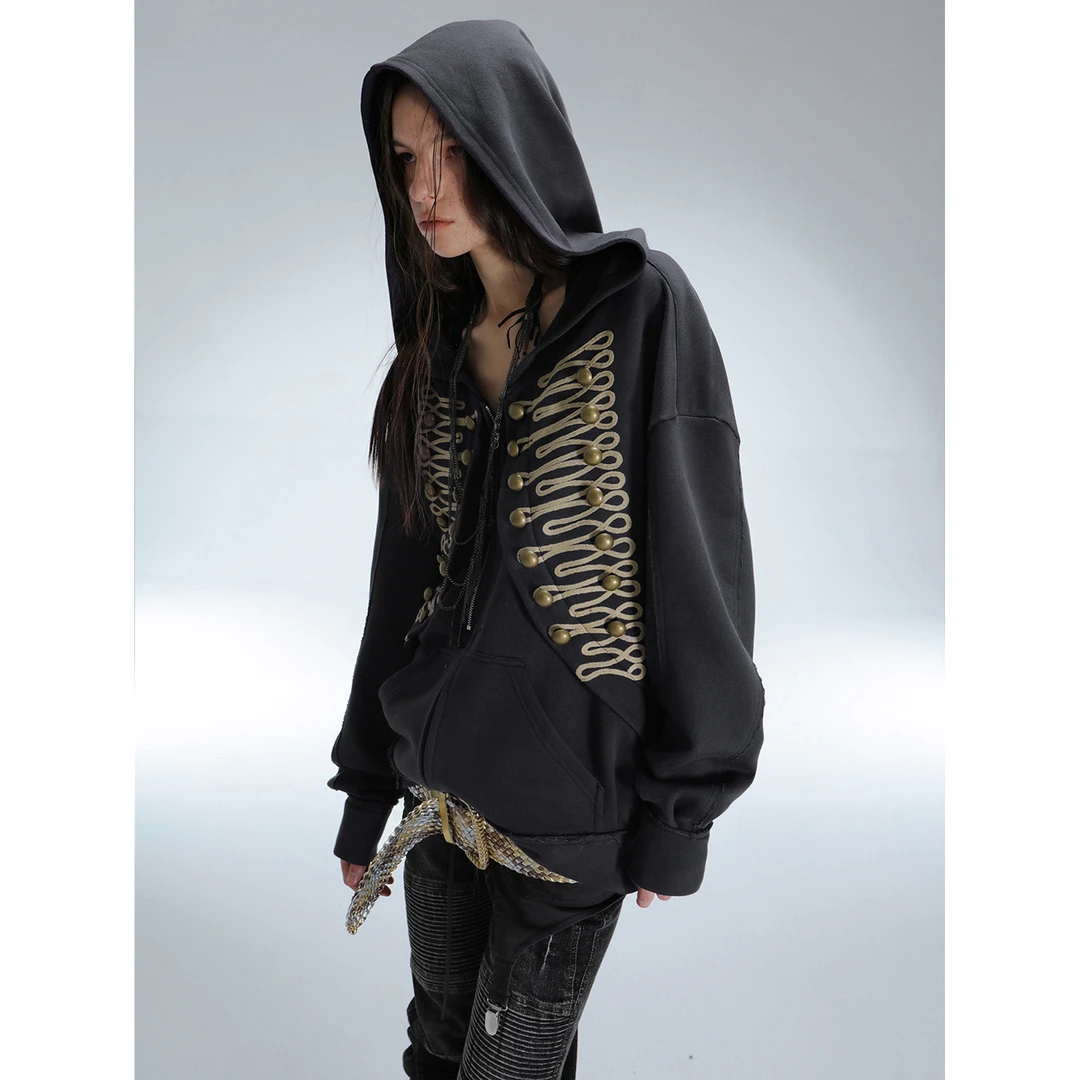 doublepunch秋冬古典拿破仑风格刺绣金属扣宽松连帽卫衣拉链外套