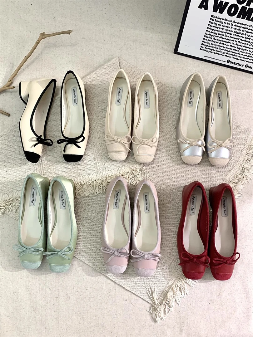 温柔方头中跟通勤单鞋女蝴蝶结拼色粗跟四季鞋2025年春秋新款浅口