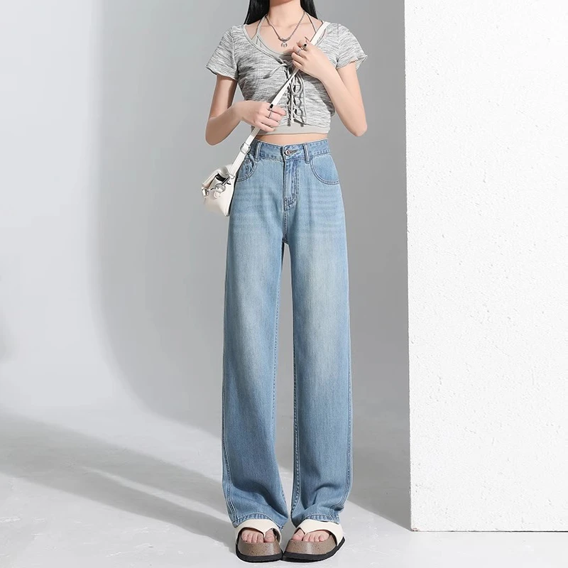 女士春季牛仔裤夏季薄款2025新款冰丝高腰宽松直筒窄版阔腿裤子