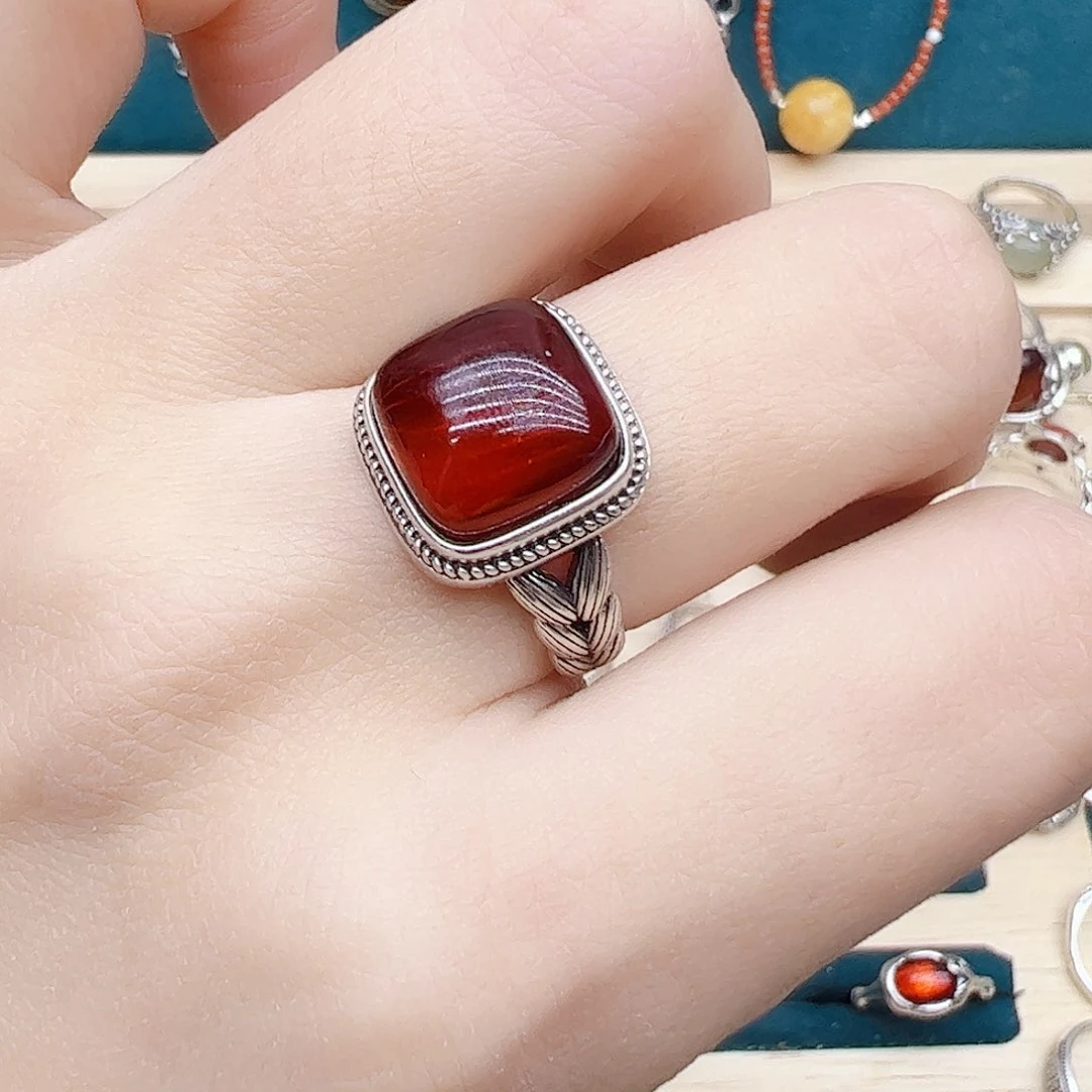 血珀戒指银S925镶嵌天然